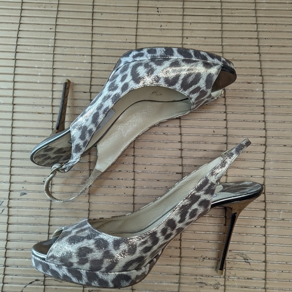 Jimmy Choo metallic mirror stiletto 4" heels, Open Toe Pumps Slingback Leopard W - Picture 4 of 11